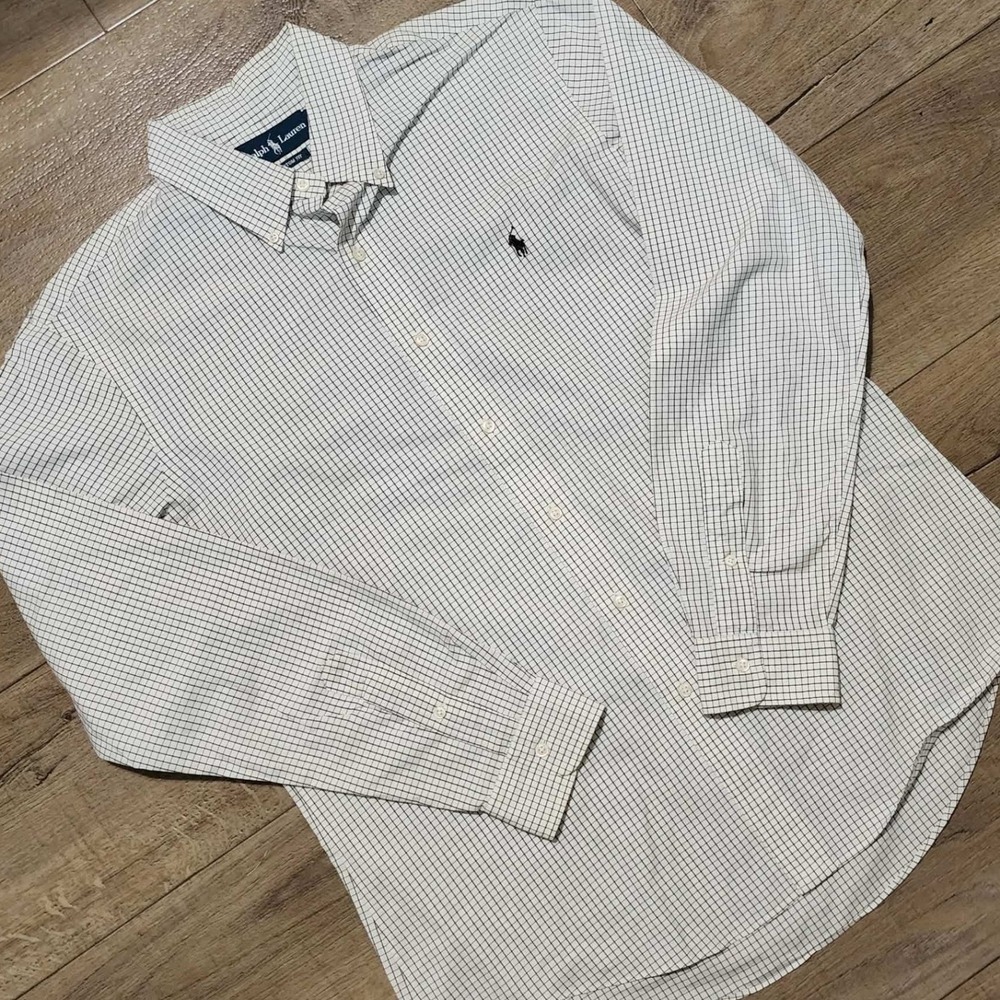 Ralph Lauren Mens Custom Fit Tattersall Check Button Down Shirt White Black L